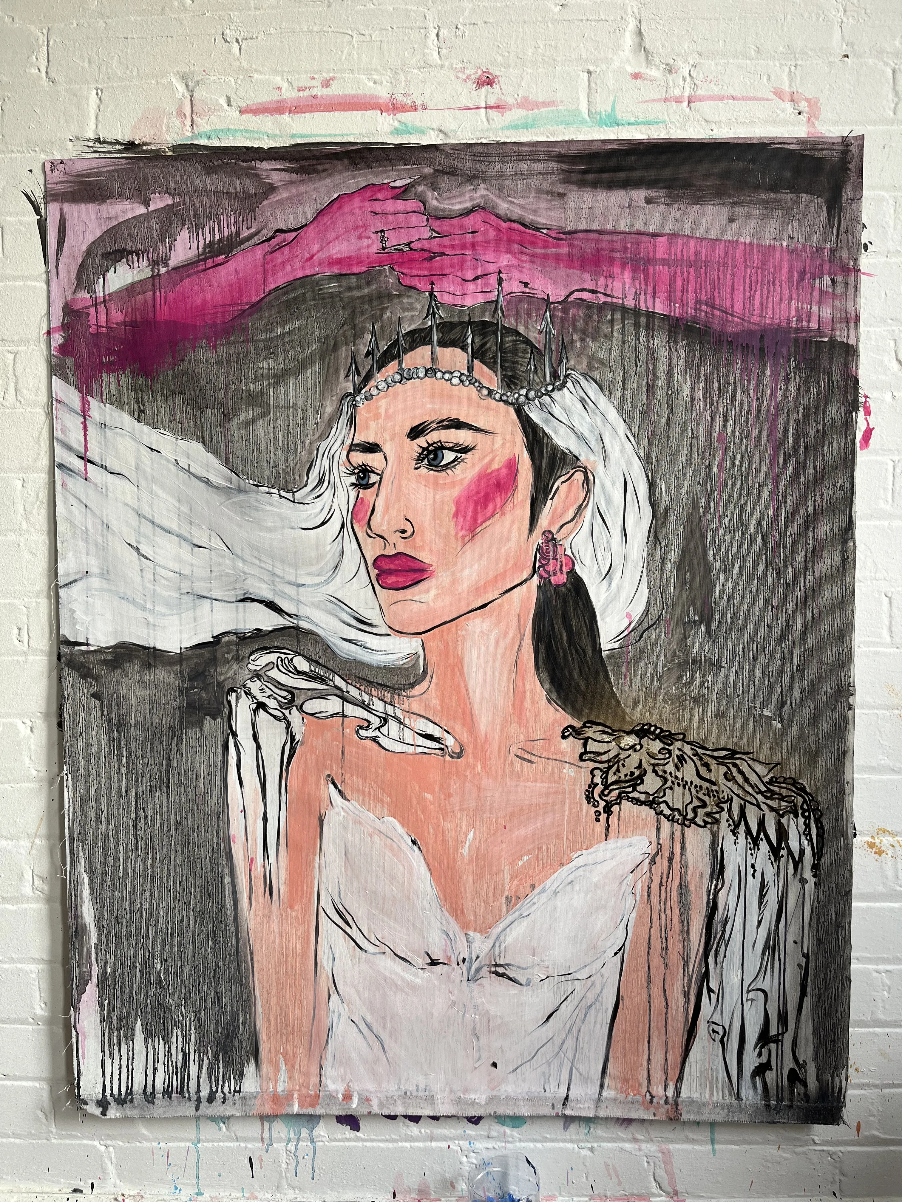 Image of Arcana 6: "The Choice" by Ellada , size: 110*115, made of Oil on Canvas, Painting medium, from London, part of the Ellada’s Oracle series, priced at $1700 Photo 1 of 6.