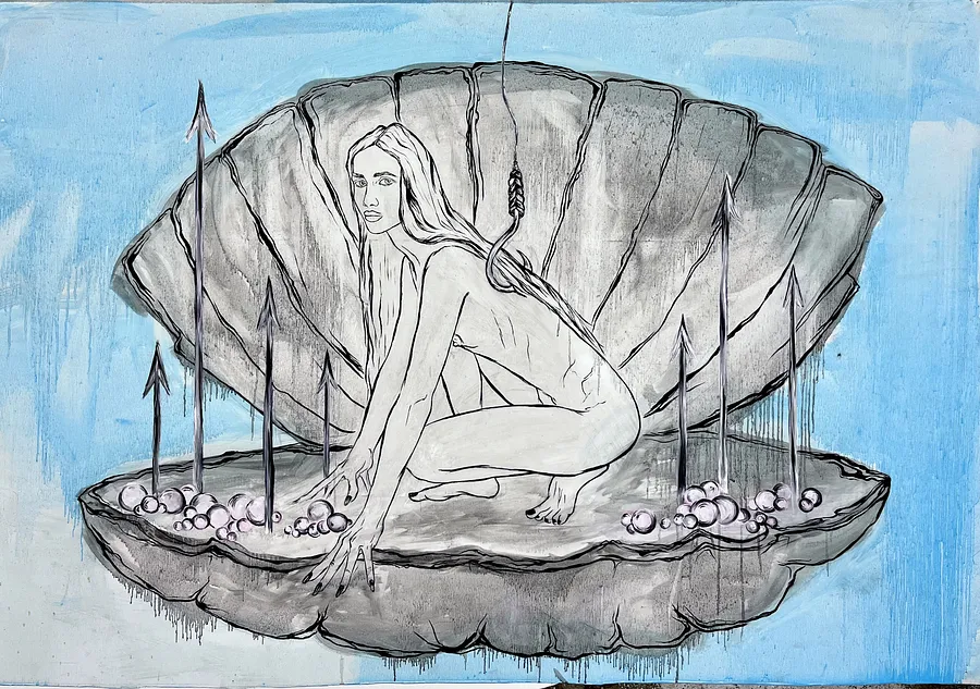 Image of Arcana 12: "The Caught One" by Ellada , size: 120*115, made of Oil on Canvas, Painting medium, from London, part of the Ellada’s Oracle series, priced at $1200