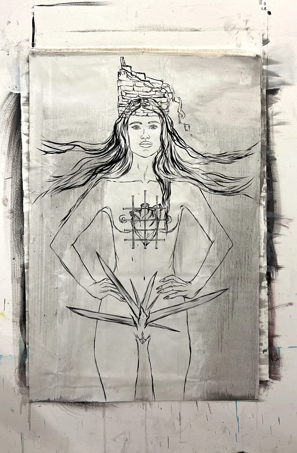Image of Arcana 16: "Tower" by Ellada , size: 100*115, made of Oil on Canvas, Painting medium, from London, part of the Ellada’s Oracle series, priced at $5000 Photo 1 of 3.