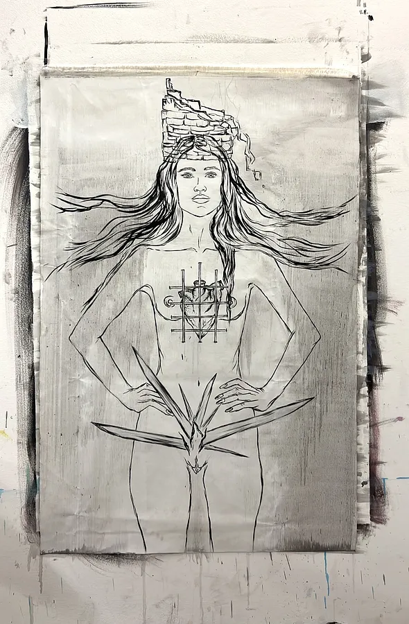 Image of Arcana 16: "Tower" by Ellada , size: 100*115, made of Oil on Canvas, Painting medium, from London, part of the Ellada’s Oracle series, priced at $5000