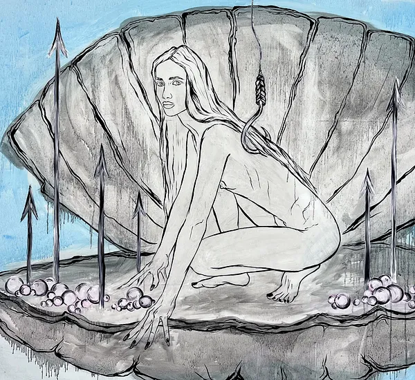 Image of Arcana 12: "The Caught One" by Ellada , size: 120*115, made of Oil on Canvas, Painting medium, from London, part of the Ellada’s Oracle series, priced at $5000 Photo 2 of 8.