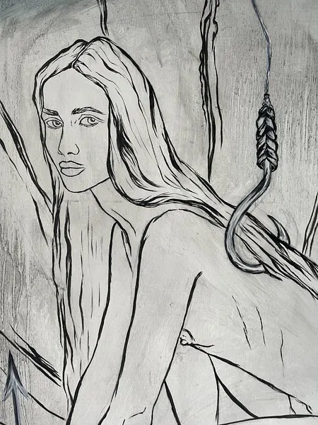 Image of Arcana 12: "The Caught One" by Ellada , size: 120*115, made of Oil on Canvas, Painting medium, from London, part of the Ellada’s Oracle series, priced at $5000 Photo 7 of 8.
