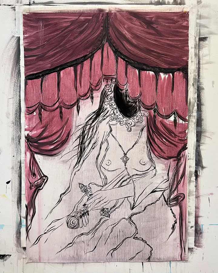 Image of Arcana 24: "Drama" by Ellada , size: 100*115, Painting medium, from London, part of the Ellada’s Oracle series, priced at $5000