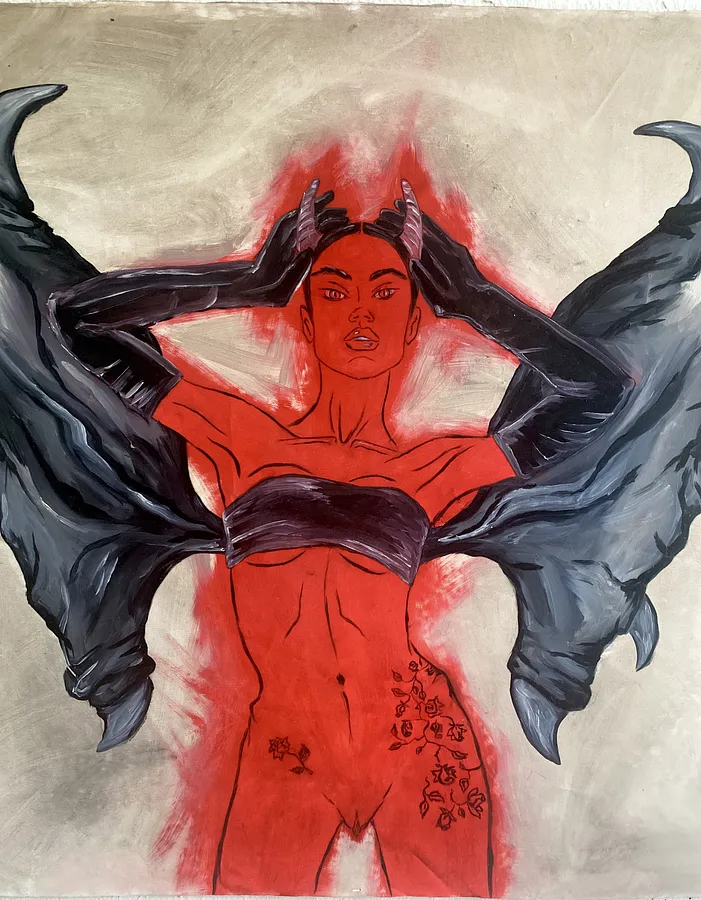 Image of Arcana 1: "The Devil" by Ellada , size: 100*115, made of Oil on Canvas, Painting medium, from Kyiv, part of the Ellada’s Oracle series, priced at $7000