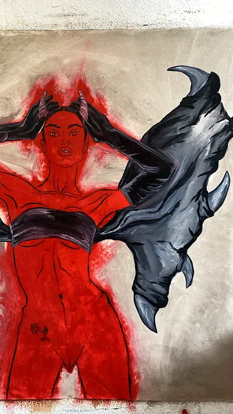 Image of Arcana 1: "The Devil" by Ellada , size: 100*115, made of Oil on Canvas, Painting medium, from Kyiv, part of the Ellada’s Oracle series, priced at $7000 Photo 2 of 3.